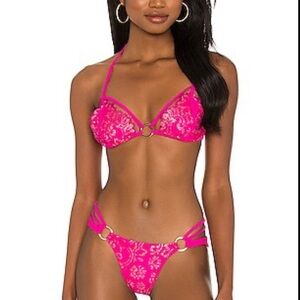 Beach Bunny Vibrant Pink Bikini with Gold Ring Details